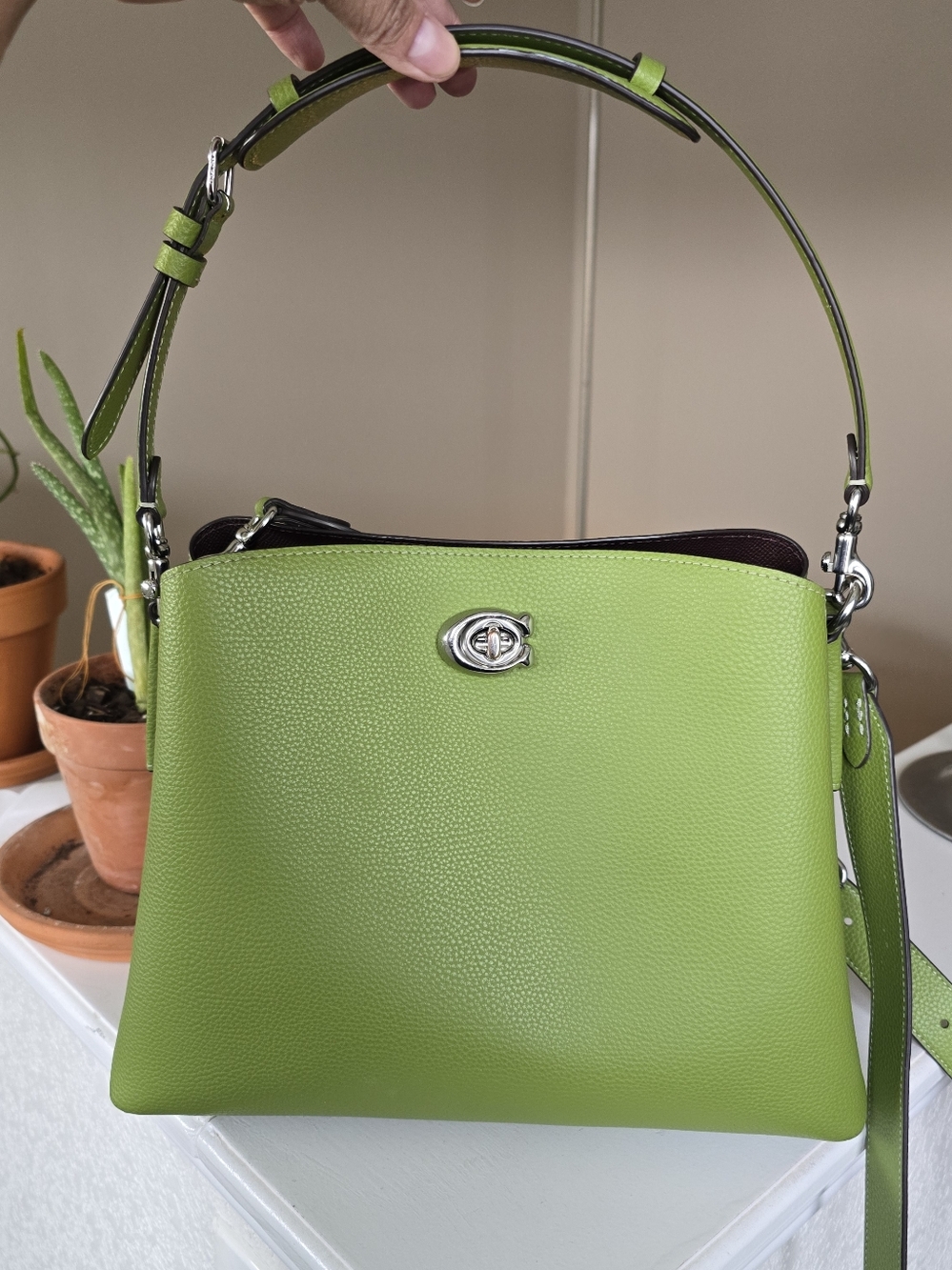 Coach Pebbled Leather Willow Dark Lime Color Shoulder Bag #C2621